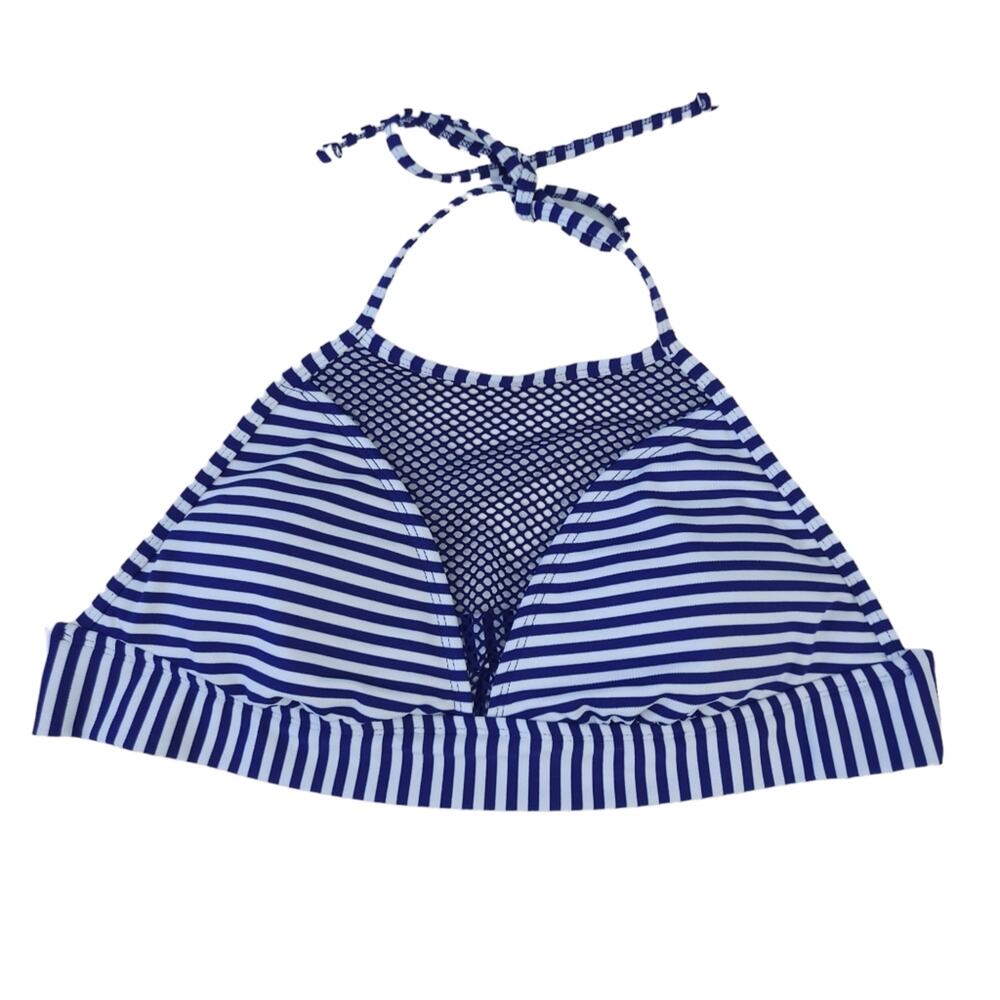 Mossimo Bikini Top Medium High Neck Halter Blue White Stripe Swim, Mesh Insert